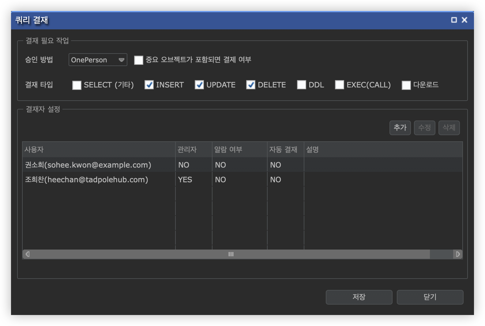 Query approval setup — approval method, operation types, and approvers
